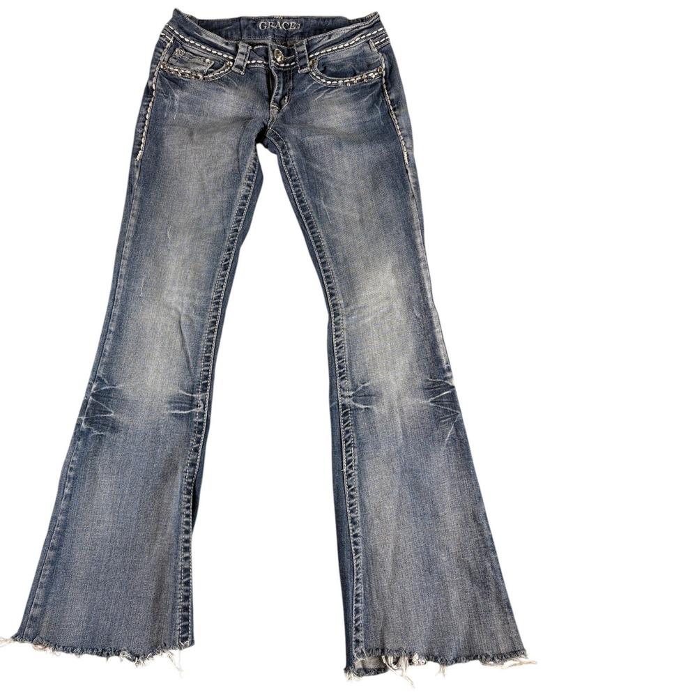 Grace in LA Women's Jeans 26 Blue Bootcut Rhinestone Distressed Y2K Streetwear